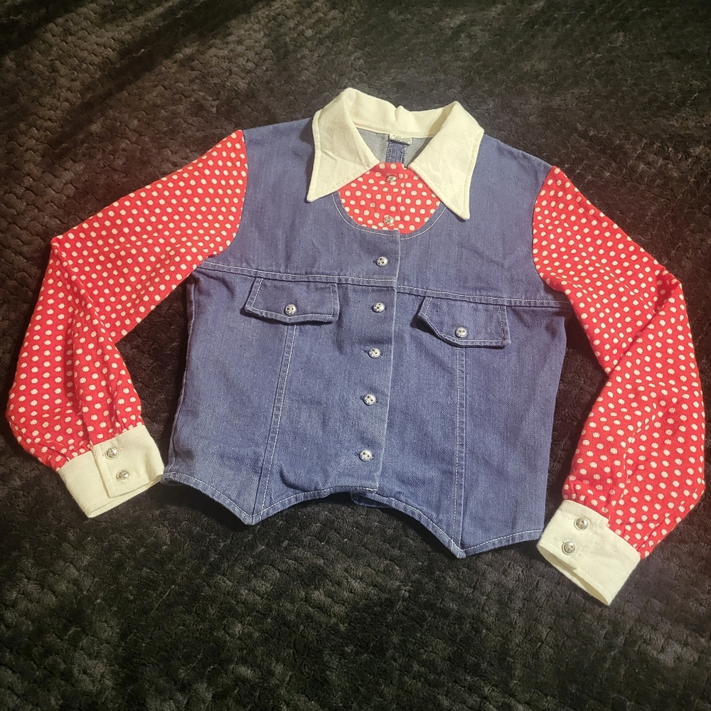 Vintage girls 1970s denim polka dot faux vest top western JC Penney youth 10